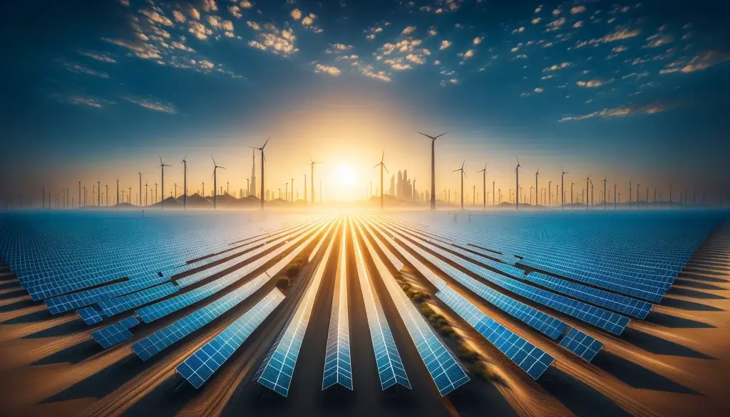 A vast solar power plant in the desert, with rows of solar panels extending towards the horizon under a clear blue sky, symbolizing the UAE's achievement in renewable energy.