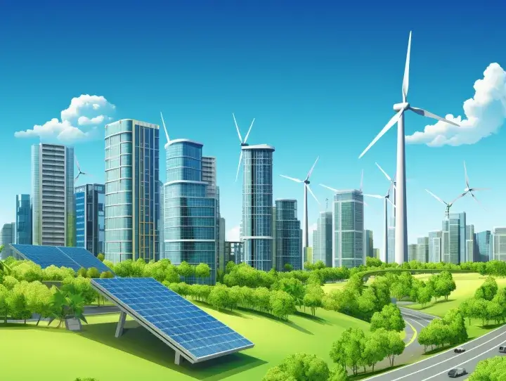 modern skyscrapers with solar panels, wind turbines, and green spaces, set under a clear blue sky. This image aligns with the theme of sustainable urban development and clean energy.