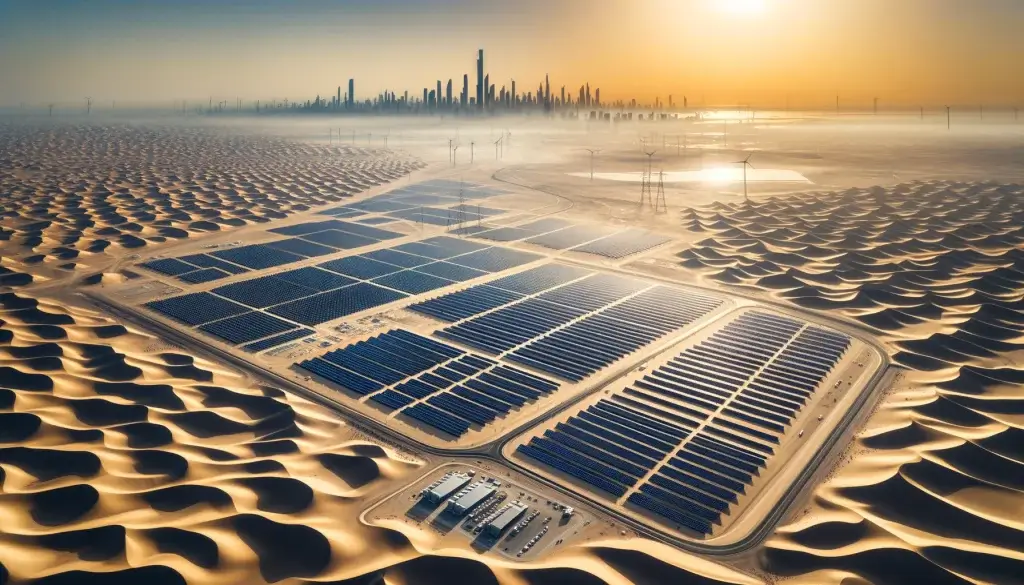 Aerial view of Al Dhafra Solar Plant near Abu Dhabi, with rows of solar panels in the desert and city skyline in the background.