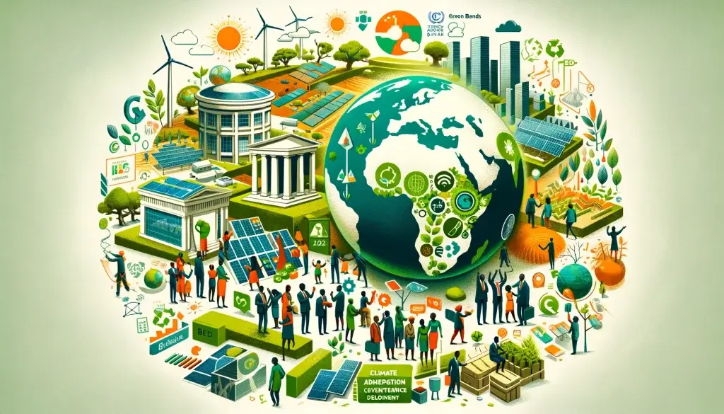 Conceptual illustration of the African Development Bank's COP28 climate initiative, showcasing the spirit of collaboration in green infrastructure and sustainable development.