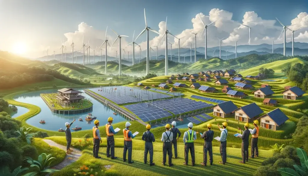 Illustration of Malaysia's renewable energy landscape with diverse engineers inspecting a hybrid hydro-floating solar plant model, solar panels, wind turbines, and a traditional village in the background.